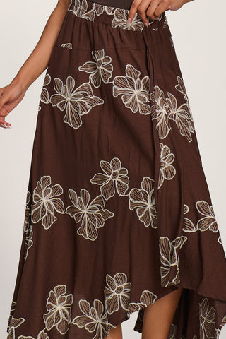 Asymmetric Embroidered Midi Skirt, Cocoa Brown