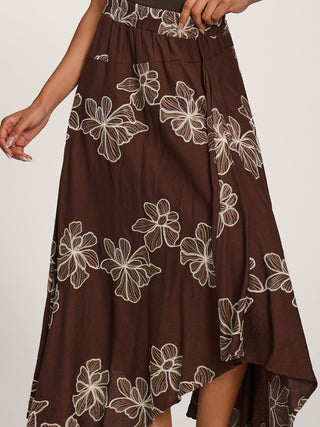 Asymmetric Embroidered Midi Skirt, Cocoa Brown