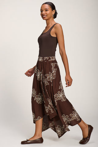 Asymmetric Embroidered Midi Skirt, Cocoa Brown