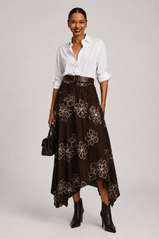 Asymmetric Embroidered Midi Skirt, Cocoa Brown