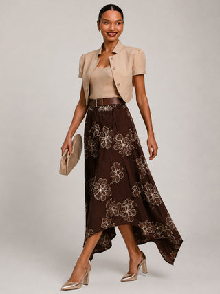 Asymmetric Embroidered Midi Skirt, Cocoa Brown