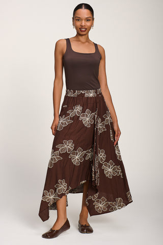 Asymmetric Embroidered Midi Skirt, Cocoa Brown