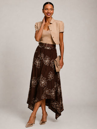 Asymmetric Embroidered Midi Skirt, Cocoa Brown
