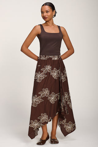 Asymmetric Embroidered Midi Skirt, Cocoa Brown