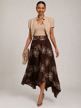 Asymmetric Embroidered Midi Skirt, Cocoa Brown