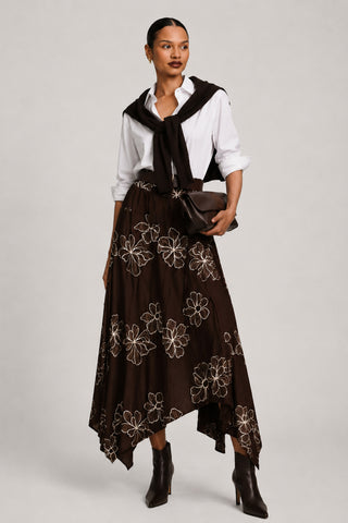 Asymmetric Embroidered Midi Skirt, Cocoa Brown