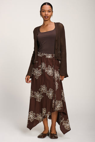 Asymmetric Embroidered Midi Skirt, Cocoa Brown