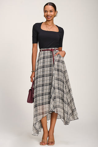 Asymmetric Frill Chiffon Maxi Skirt, Black Check