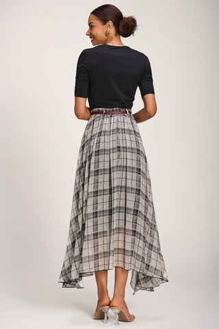 Asymmetric Frill Chiffon Maxi Skirt, Black Check