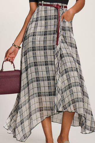 Asymmetric Frill Chiffon Maxi Skirt, Black Check