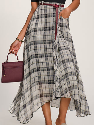 Asymmetric Frill Chiffon Maxi Skirt, Black Check