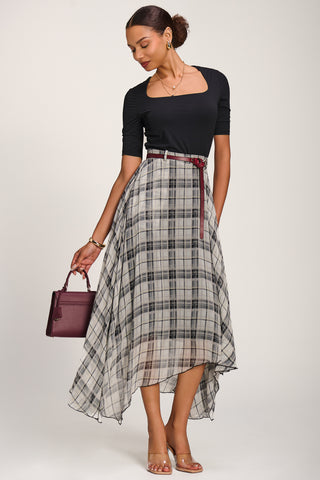 Asymmetric Frill Chiffon Maxi Skirt, Black Check