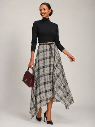 Asymmetric Frill Chiffon Maxi Skirt, Black Check
