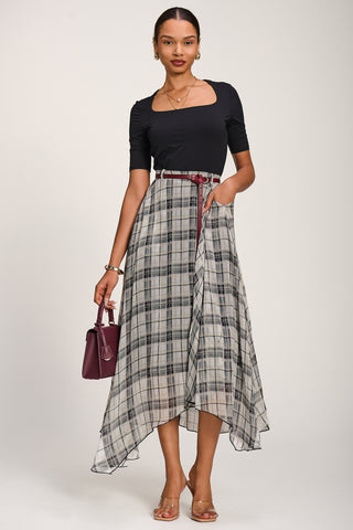 Asymmetric Frill Chiffon Maxi Skirt, Black Check
