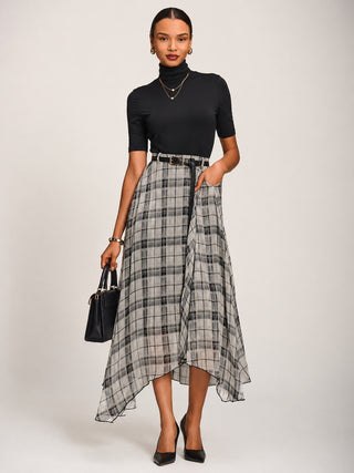 Asymmetric Frill Chiffon Maxi Skirt, Black Check