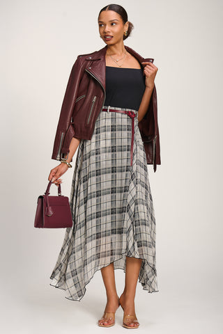 Asymmetric Frill Chiffon Maxi Skirt, Black Check