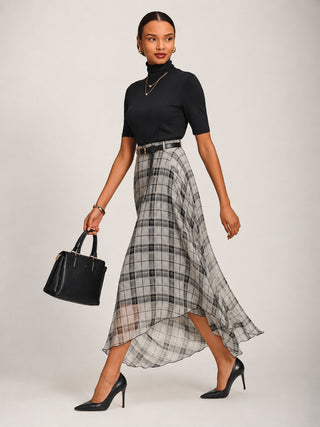 Asymmetric Frill Chiffon Maxi Skirt, Black Check
