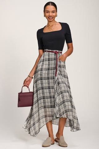 Asymmetric Frill Chiffon Maxi Skirt, Black Check