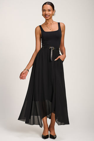 Asymmetric Frill Chiffon Maxi Skirt, Black