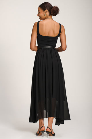 Asymmetric Frill Chiffon Maxi Skirt, Black