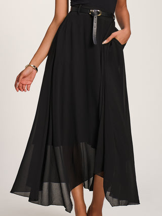 Asymmetric Frill Chiffon Maxi Skirt, Black