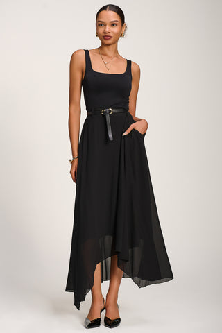 Asymmetric Frill Chiffon Maxi Skirt, Black