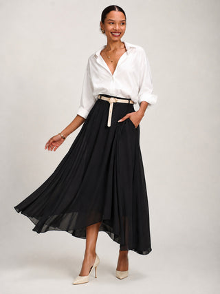 Asymmetric Frill Chiffon Maxi Skirt, Black