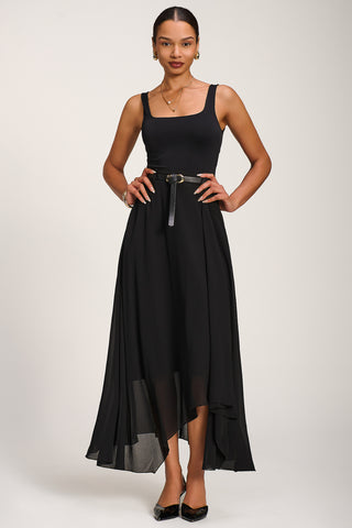 Asymmetric Frill Chiffon Maxi Skirt, Black