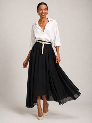 Asymmetric Frill Chiffon Maxi Skirt, Black