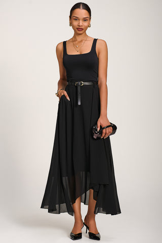 Asymmetric Frill Chiffon Maxi Skirt, Black