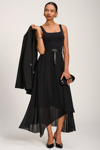 Asymmetric Frill Chiffon Maxi Skirt, Black