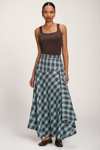 Asymmetric Check Maxi Skirt, Blue Check