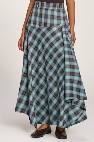 Asymmetric Check Maxi Skirt, Blue Check