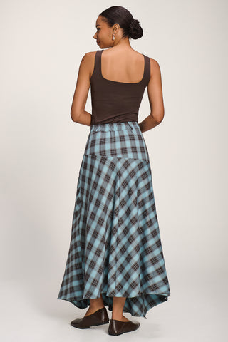 Asymmetric Check Maxi Skirt, Blue Check