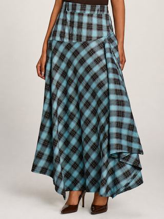 Asymmetric Check Maxi Skirt, Blue Check