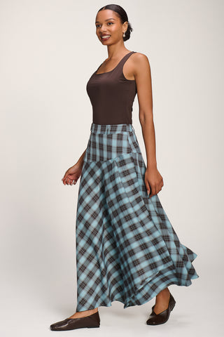 Asymmetric Check Maxi Skirt, Blue Check