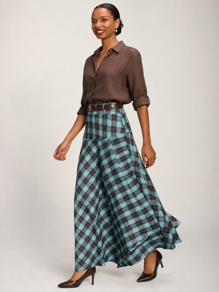 Asymmetric Check Maxi Skirt, Blue Check
