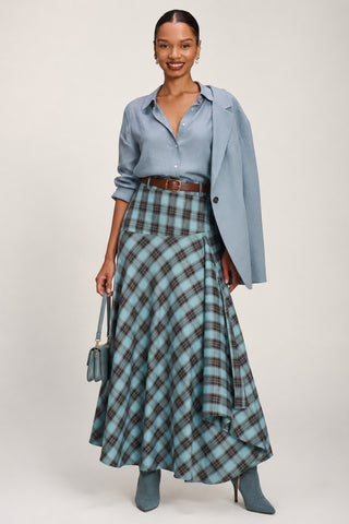 Asymmetric Check Maxi Skirt, Blue Check