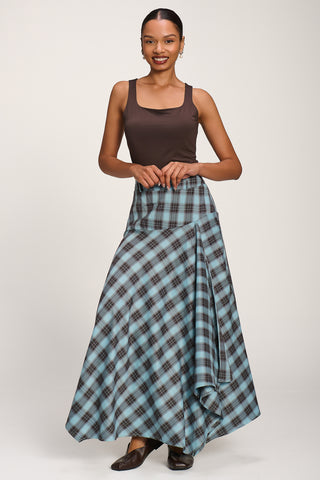 Asymmetric Check Maxi Skirt, Blue Check