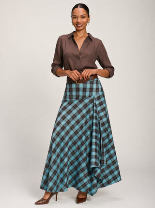 Asymmetric Check Maxi Skirt, Blue Check
