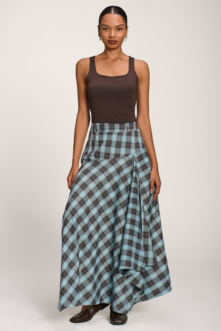 Asymmetric Check Maxi Skirt, Blue Check