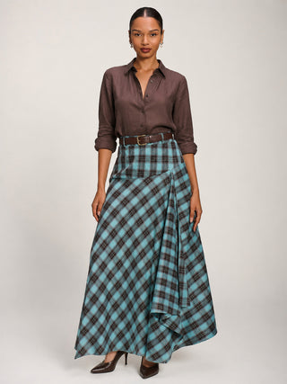 Asymmetric Check Maxi Skirt, Blue Check