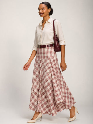 Asymmetric Check Maxi Skirt, Pink Check