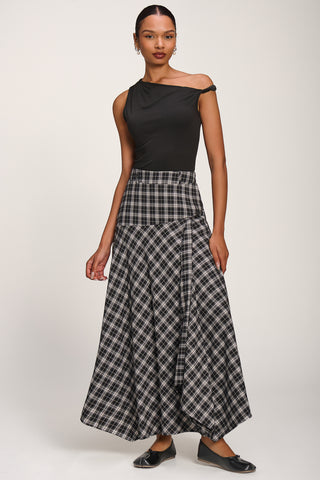 Plaid Asymmetric Maxi Skirt, Black Check