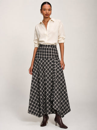 Plaid Asymmetric Maxi Skirt, Black Check