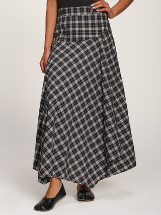 Plaid Asymmetric Maxi Skirt, Black Check