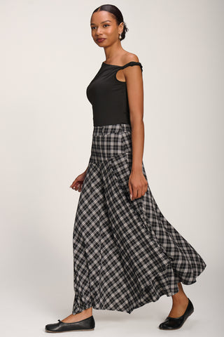 Plaid Asymmetric Maxi Skirt, Black Check