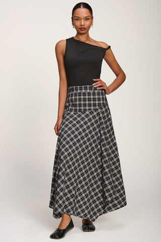 Plaid Asymmetric Maxi Skirt, Black Check
