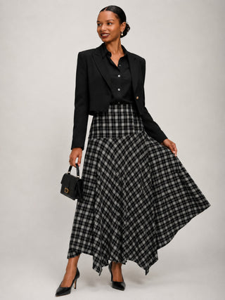 Plaid Asymmetric Maxi Skirt, Black Check