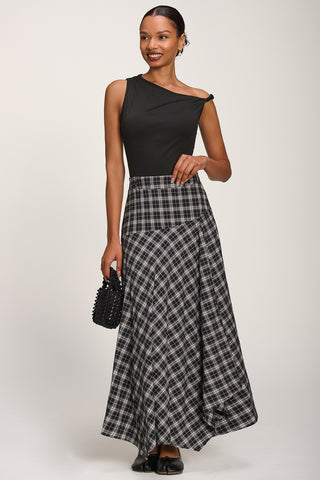 Plaid Asymmetric Maxi Skirt, Black Check